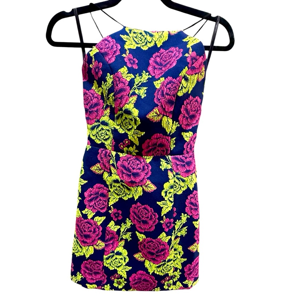 NBD Navy Mini Dress with Hot Pink & Neon Yellow Floral Jacquard